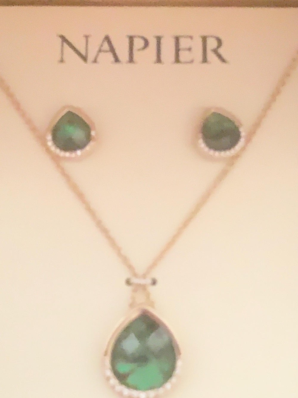 NWT Napier Gold-Tone Necklace Earrings Set with Emerald Green Teardrops NEW wBox